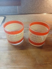 Georges Briard Lowball Rocks Glasses MCM Orange Stripe Rattan Pattern Set of 2