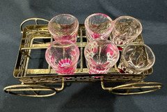 Vintage Culver Gold Tone Metal Shot Glass Caddy 8 Section Caddy W/6 Shot Glasses