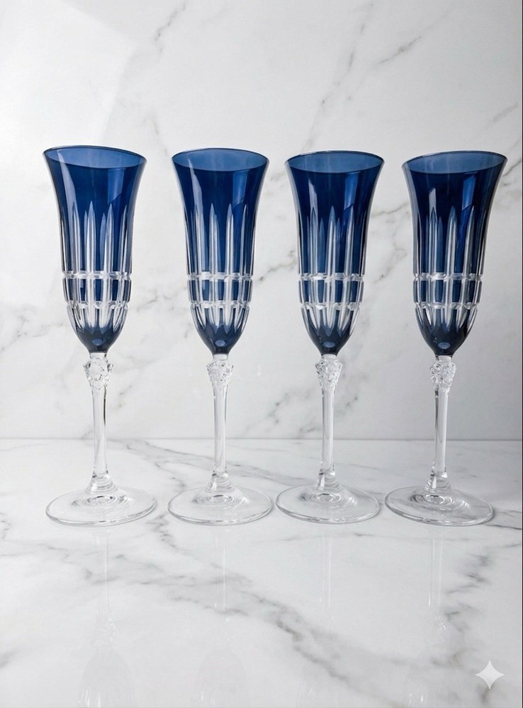 Set Of 4 Godinger Cut to Clear Cobalt Blue Crystal Fluted Champagne Glasses