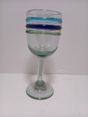 Mexican Hand Blown Wine Glass Bubble Goblet Turquoise Cobalt Blue Green Rings
