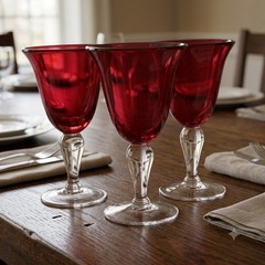 Vintage Set 3 Ruby Red Glass Goblets Clear Stems 7.5” Wine Water Glasses