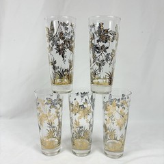 Vintage MCM William A Meier Gold Birds and Leaves Tall 6.75″ Tumblers Glasses