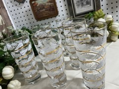 6- Mid-Century Modern Libbey glasses with a white frosted and gold grape leaf