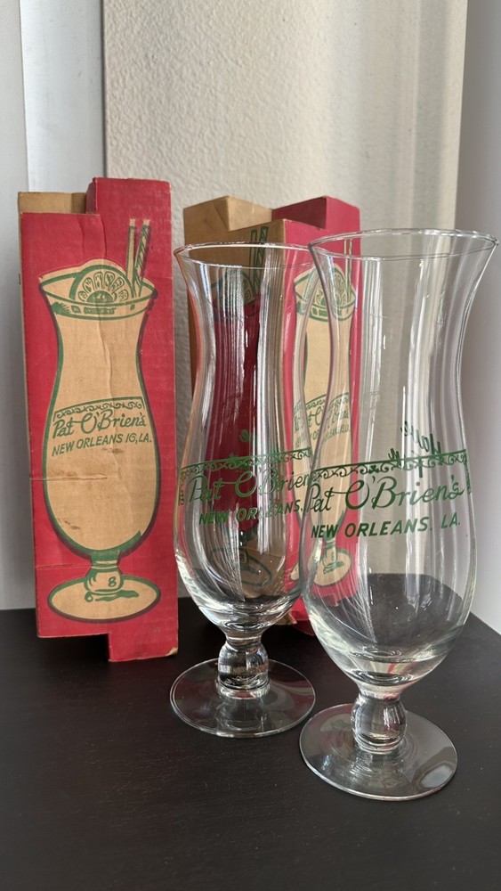 2 Vintage Pat O’Brien’s Hurricane Cocktail Drink Glass New Orleans LA Have Fun