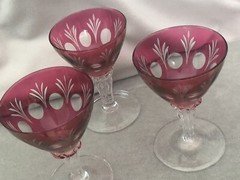 Cranberry Glass Ruby Etched Sherry Wine Glasses Goblets 1930s-1940s Set of 3