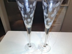 2 etched Mikasa Cheers tall champagne glasses near-mint condition low shipping!