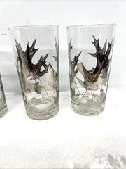 Silver Oak Leaf & Acorn Gold Guilt High Relief High Ball Glasses MCM 4 Vintage