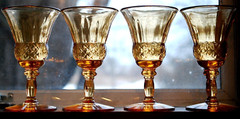 Vintage Set 4 AMBER PRESSED GLASS Cocktail Glasses Fancy Stem & Facets 4.25″