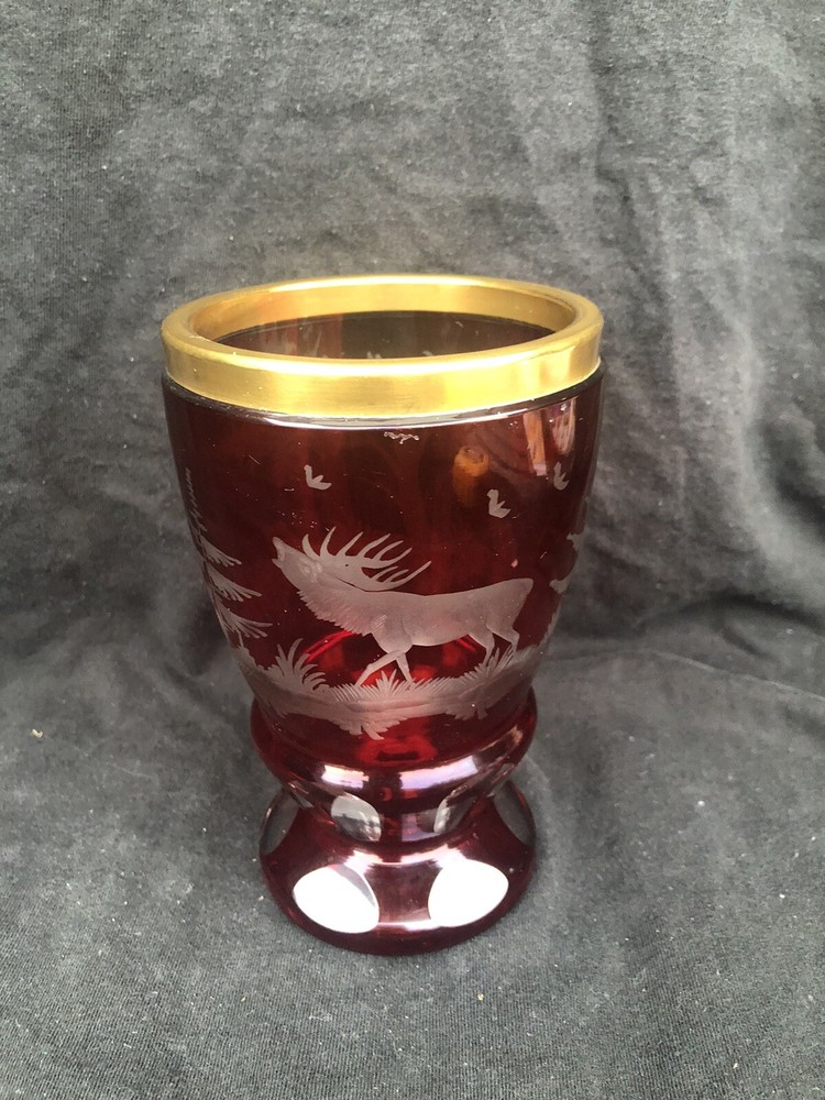 Moser Art glass Cranberry Intaglio Cut Stag Goblet
