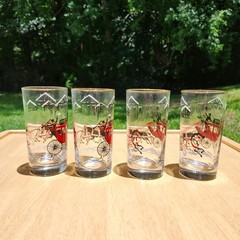 Libbey – Stagecoach Glass Tumblers Horse Carriage (4) Red, Black, White & Gold