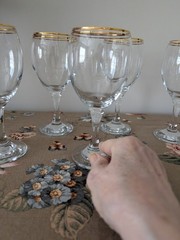 Set of 5 Vintage Crystal Double Gold Rimmed Water Goblets MCM Elegant Handblown
