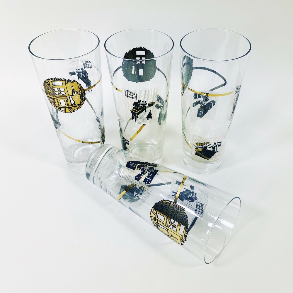 Vintage 50s 60s MCM Gilded Highball Glass Set of 4 Printing Advertising Barware