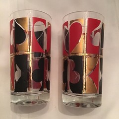 Set of 2 Vintage Colony Highball Glasses Poker Playing Cards Black Red Gold 5.5”
