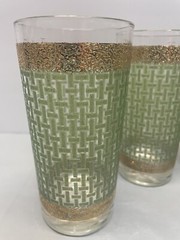 4 1960 Green Basket Weave 22K Gold Trim Highball Glasses Great Condition!!