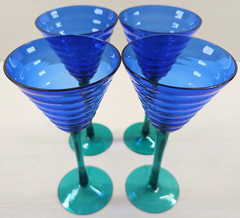 (4) Pier 1 Blue Ripple Bowl Green Stem Wine Glasses Set Elegant Unique P1C16 Lot