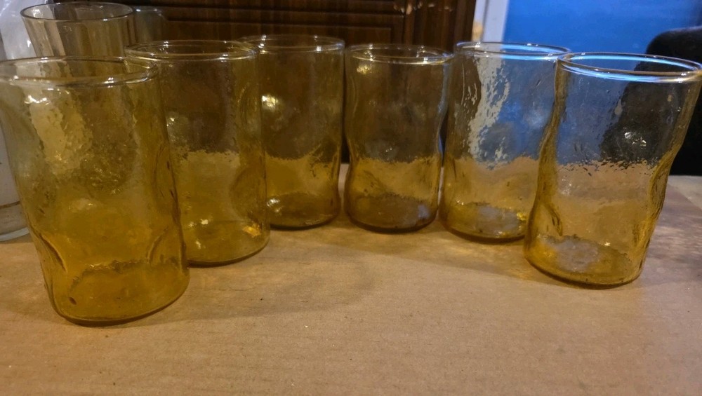 6 Tumblers Amber Pinch Dimple Thumbprint Seeded Textured MCM Drinking Glasses