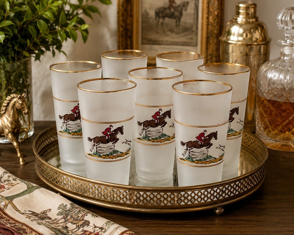 Set 7 Frosted Highball Glasses Horse Jockey Hunt Scene Gold Rim Vintage