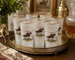 Set 7 Frosted Highball Glasses Horse Jockey Hunt Scene Gold Rim Vintage
