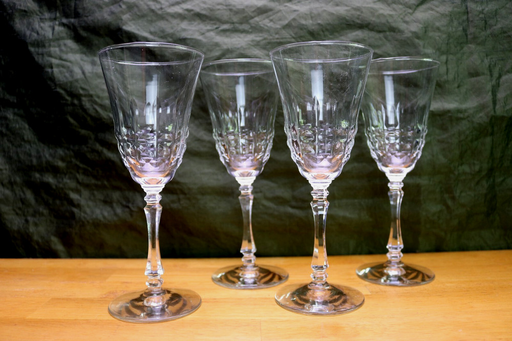 Vintage Rock Sharpe Vertical Wavy Cuts 4 Water Wine Glasses Goblets Knob Stem