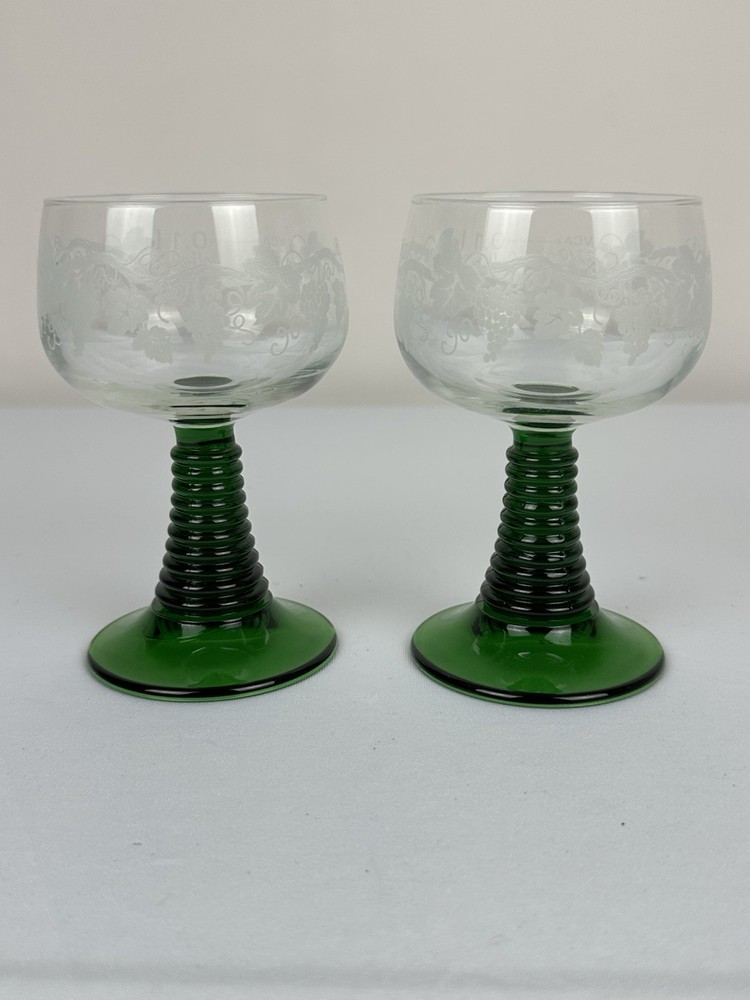 2 Green Etched Grapevine Design Beehive Stem Roemer Wine Glasses France