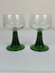 2 Green Etched Grapevine Design Beehive Stem Roemer Wine Glasses France