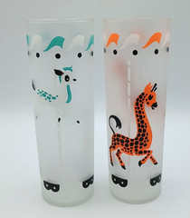 Vintage Pair Libbey Circus Carousel 1950s Tom Collins Frosted Drinking Glasses