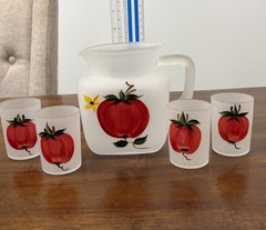 Vintage 1950’s Hazel Atlas Frosted Tomato 5 Piece Juice Set Marked Logo H Over A