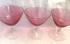 Vintage Cranberry Pink Glass Clear Ball Stem Champagne Sherbet Set-3
