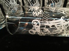 Clear glass 9 oz. tumblers w/White Ornate Bird Cages and Birds Set of 7