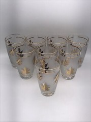 8 Vintage 1950’s Libbey Frosted Gold Leaf MCM Glasses Gold Rim 10oz