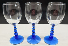 3 Libbey Metropolis Blue Water Goblets Set Ball Knob Stems Art Deco Styled Lot
