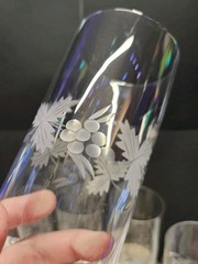 Vintage Set Of 5 Etched Grape Vine Crystal Clear Tall Glass With Metal Holders