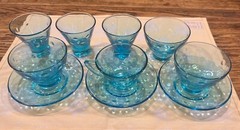 10 Pc 1950s Hazel Atlas Capri Dots Azure Blue Whisky Glasses Cups Saucers Custar