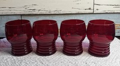 Vintage Ruby Red Imperial Glasses Set of 4 Shaeffer Ruby Pattern Ribbed Base