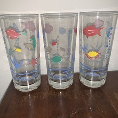 Vintage Hand painted 3D Fish / Ocean Themed Highball Glasses / Tumblers Set Of 3