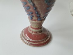 6″ Studio Pottery Chalice Goblet, Red & Green Glaze, Blue Slip-Dots