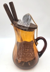 Renaissance Style Spanish Sangria Pitcher W 2 Wood Metal Stir Sticks Amber Glass