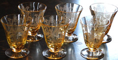Vtg Set 6 LA FLEURE YELLOW 2.75″ Etched DECO Whiskey Glasses TIFFIN FRANCISCAN
