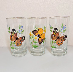 Vtg MCM WEST VIRGINIA GLASS Specialty Butterfly 3-12oz Tumblers W/ 22k Gold Rims
