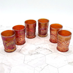 Set of 6 Fenton Marigold Carnival Glass Water Lily & Cattails Pattern Tumblers