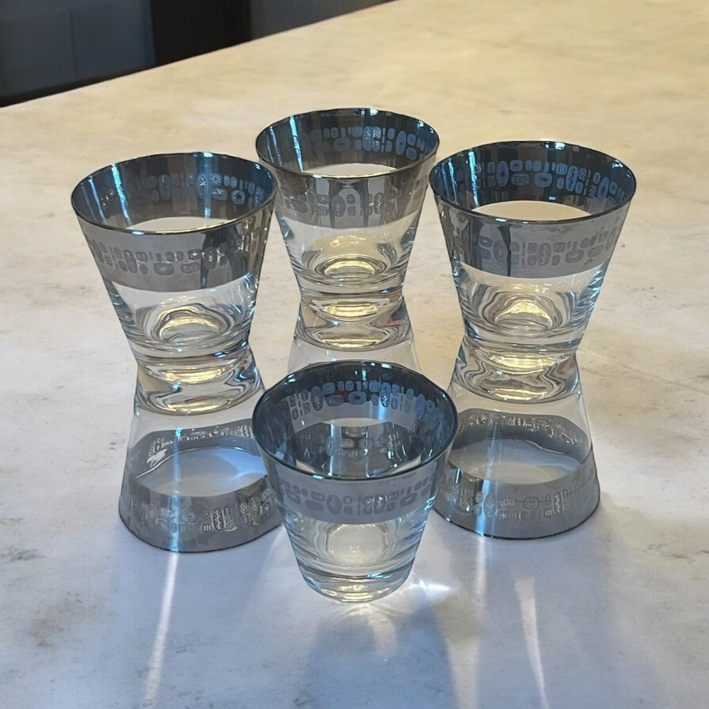 VTG Atomic MCM Rocks Glass 7 Pc Lot Silver Band Canonsburg Temporama