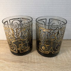 MCM Mid Century Modern Smoky Black Gold Highball Glasses Set of 2 Barware
