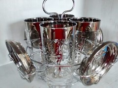 Vintage Kimiko Bar Set Silver Guardian Highball Tumbler Coasters Caddy Crest