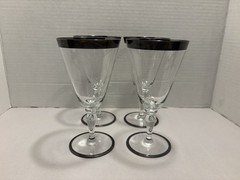4 PC Set 1950’s Hawkes Crystal Silver Banded Rim Wine Glasses Goblets