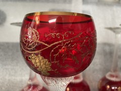 6 Vintage Bohemian Ruby Red Crystal Wine Glasses, Gilded Grapes & Rim, VGC, 7”H