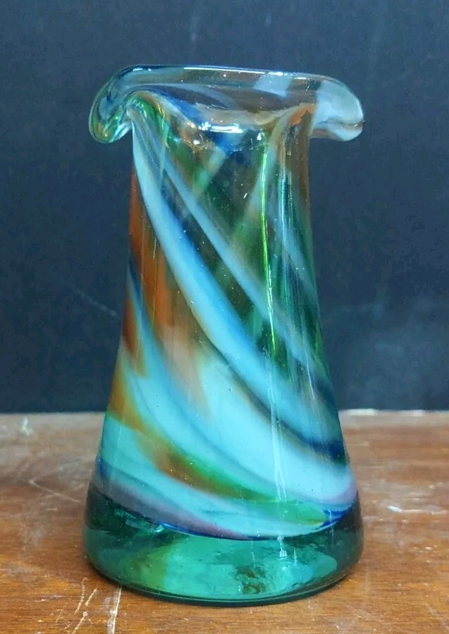 Handblown Glass Tumbler Vase Green Blue Orange Swirl 3.25″ Tall 2″ Diameter