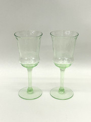 Vintage Pair Green Diamond Optic Uranium Cordial Glasses/ Tiffin-Franciscan 6″