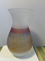 VTG 1970 Rueven Hand Painted Nouveau Art Glass Vase 9.25” Ribbed Hand Fired UP39