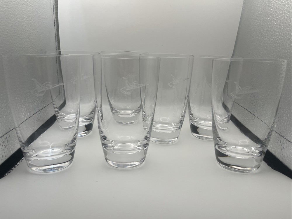 Fostoria Crystal Highball Glass Featuring An Etched Thunderbird Logo 7 Pc Set
