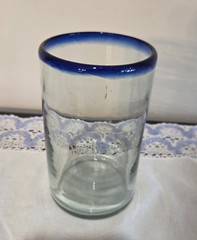 Hand Blown Mexican Glass 14 oz Single Blue Rim Drinking Glass 5 1/4″ Tall